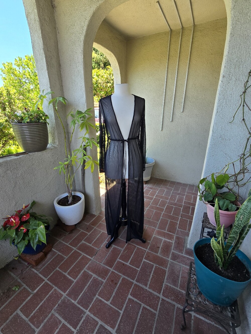 Camila Coelho Black Sheer Mesh Striped Maxi Swim Cover Up Duster / Size S